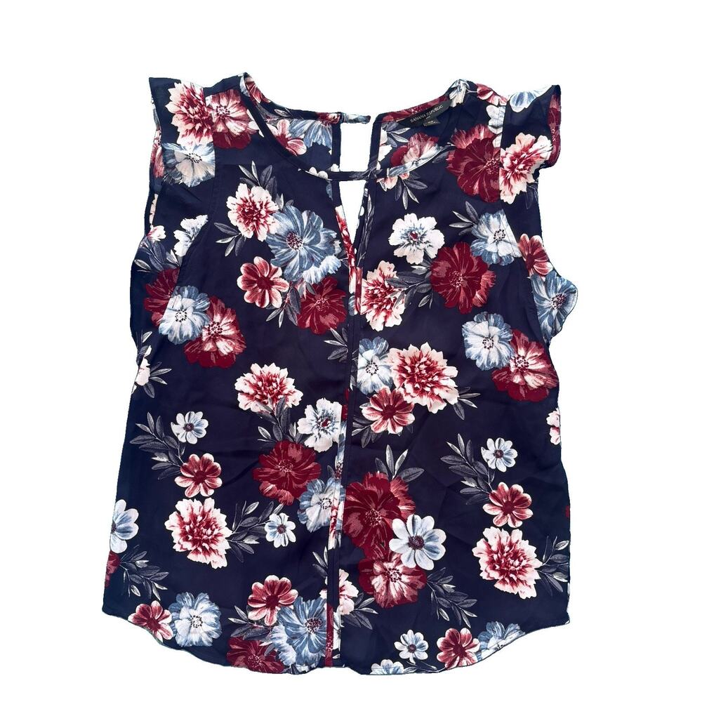 Banana Republic Size XS FLORAL Navy Maroon Flutter Sleeveless Blouse